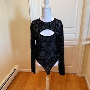 Black Geometric Mesh Long Sleeve Top Body suit